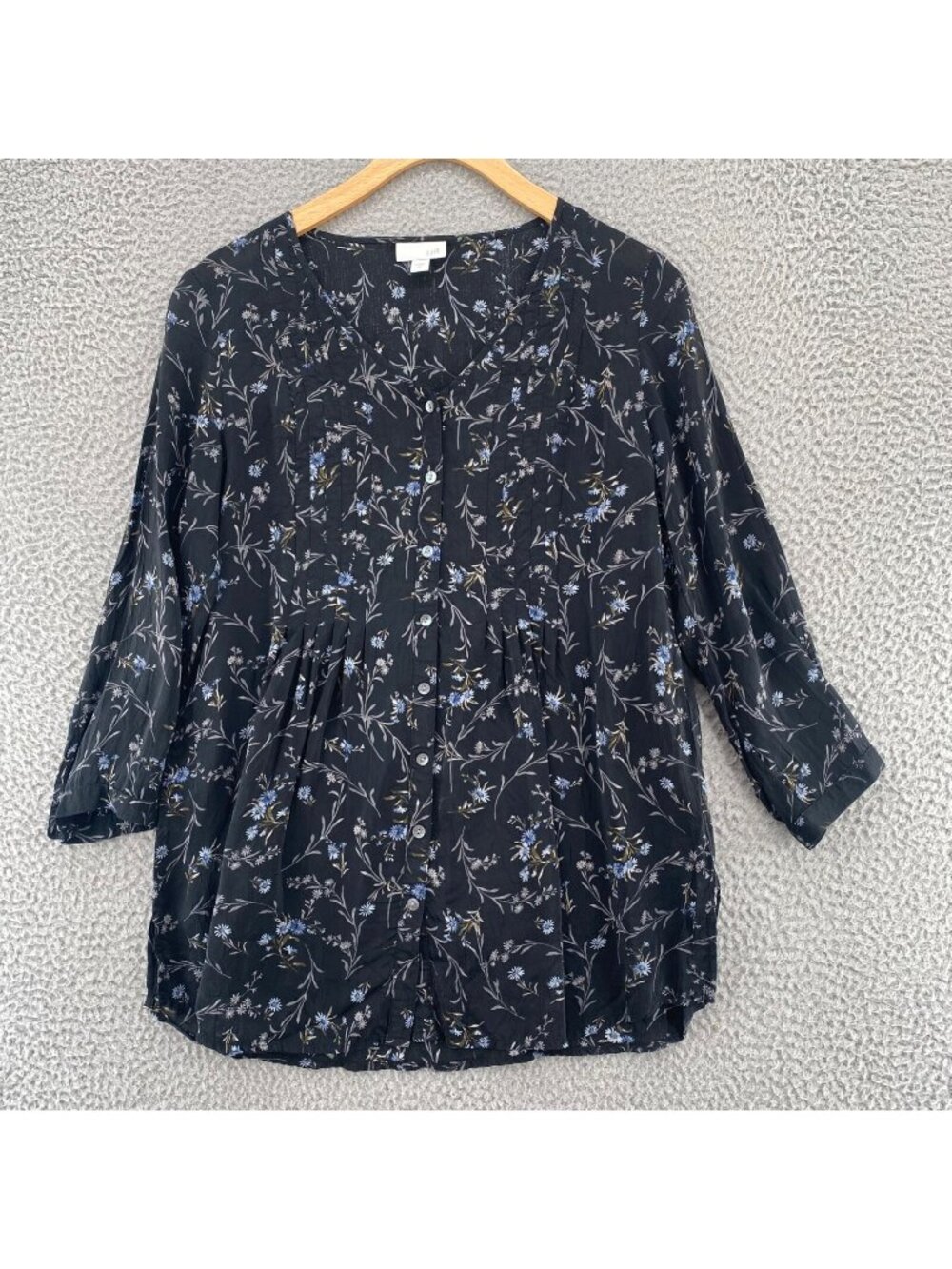 J Jill Top Womens Extra Small Black Floral Pleated 3/4 Sleeves Button Up V Neck